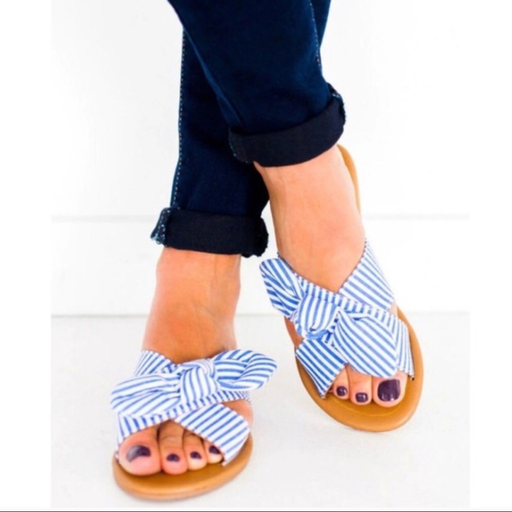 Qupid | Blue & White Striped Bow Sandal - Picture 3 of 5